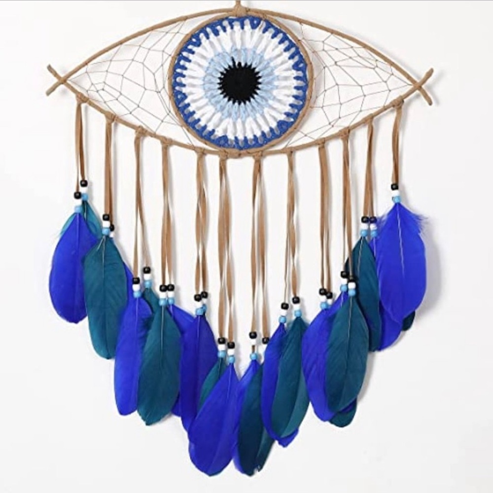 Evil Eye Dreamcatcher with Blue Feathers